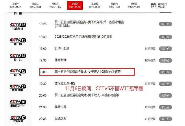 调整！11月6日晚间CCTV5转播WTT冠军赛有变，5台不转播乒乓球